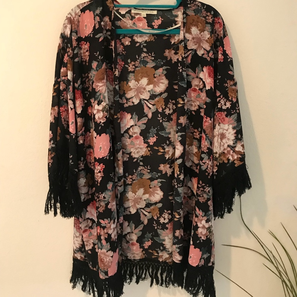 Floral Kimono with Black Fringe